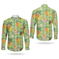 Aloha Hawaii Palaka Print Mango Plumeria Couples Matching Off Shoulder Short Dress and Long Sleeve Button Shirt Cool Mint