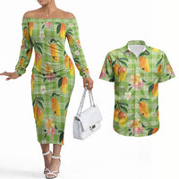 Aloha Hawaii Palaka Print Mango Plumeria Couples Matching Off The Shoulder Long Sleeve Dress and Hawaiian Shirt Cool Mint
