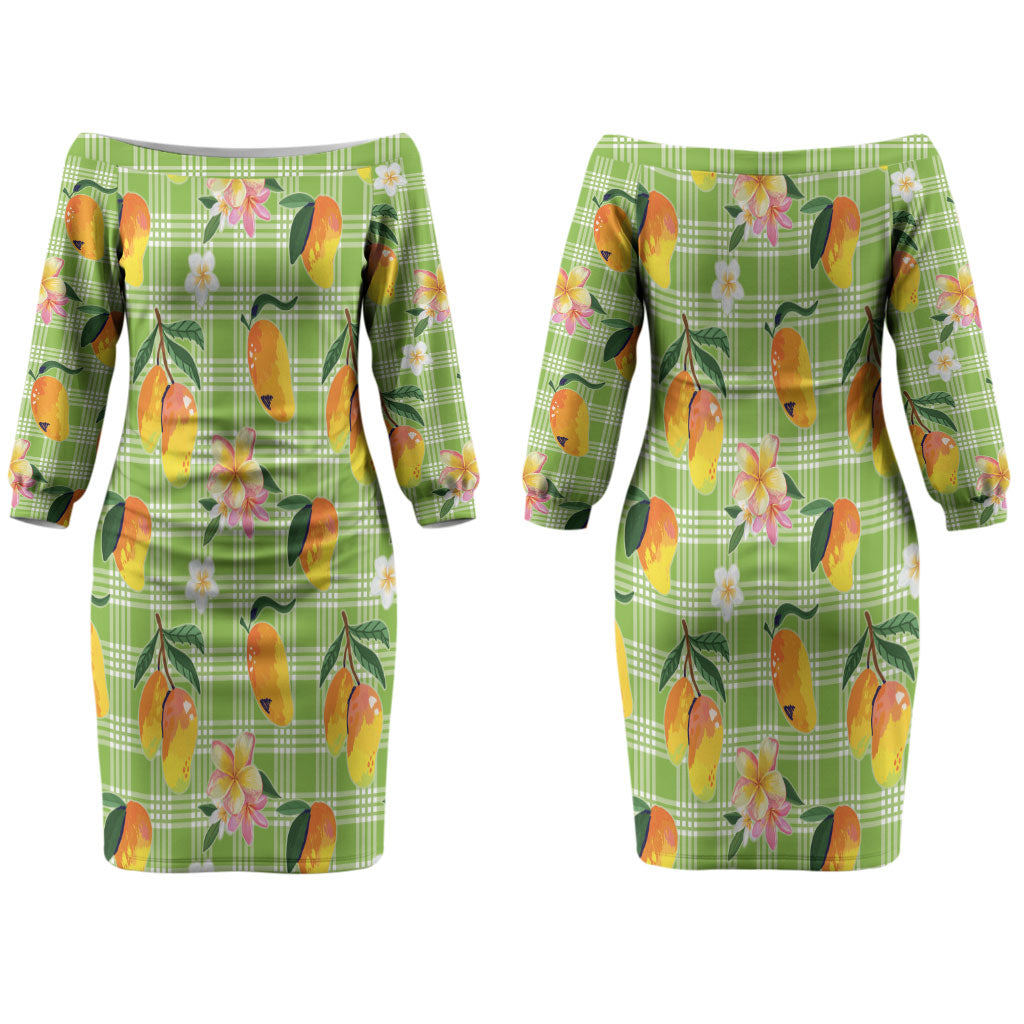 Aloha Hawaii Palaka Print Mango Plumeria Couples Matching Off The Shoulder Long Sleeve Dress and Hawaiian Shirt Cool Mint