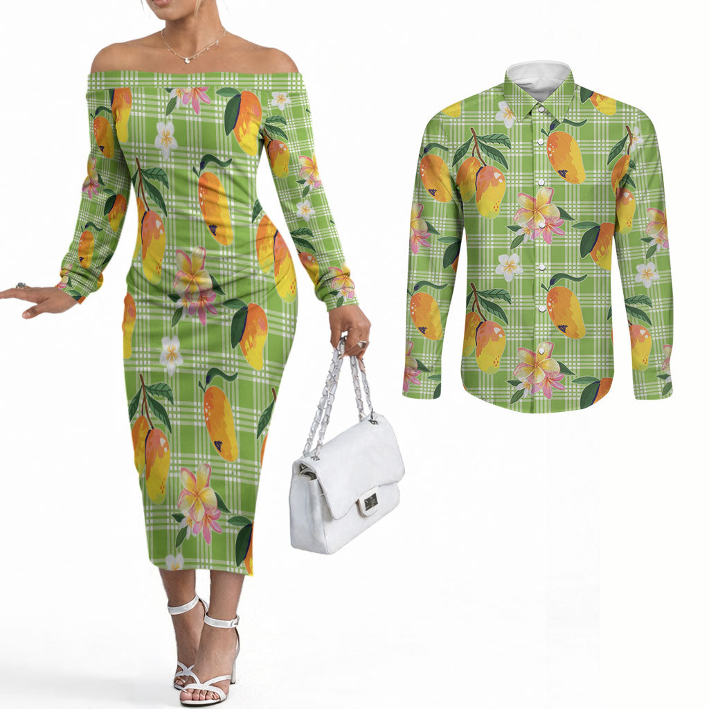 Aloha Hawaii Palaka Print Mango Plumeria Couples Matching Off The Shoulder Long Sleeve Dress and Long Sleeve Button Shirt Cool Mint