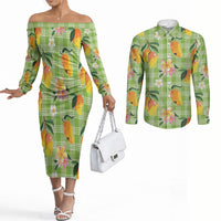 Aloha Hawaii Palaka Print Mango Plumeria Couples Matching Off The Shoulder Long Sleeve Dress and Long Sleeve Button Shirt Cool Mint
