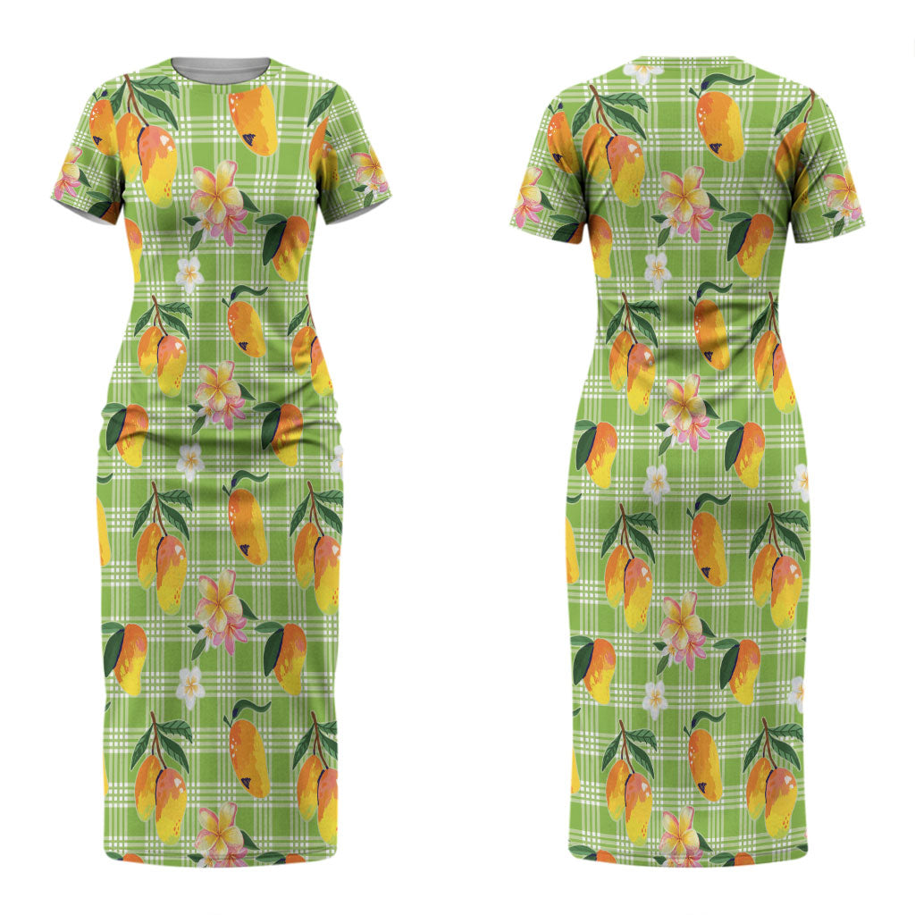 Aloha Hawaii Palaka Print Mango Plumeria Couples Matching Short Sleeve Bodycon Dress and Hawaiian Shirt Cool Mint