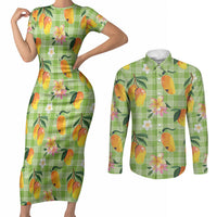 Aloha Hawaii Palaka Print Mango Plumeria Couples Matching Short Sleeve Bodycon Dress and Long Sleeve Button Shirt Cool Mint