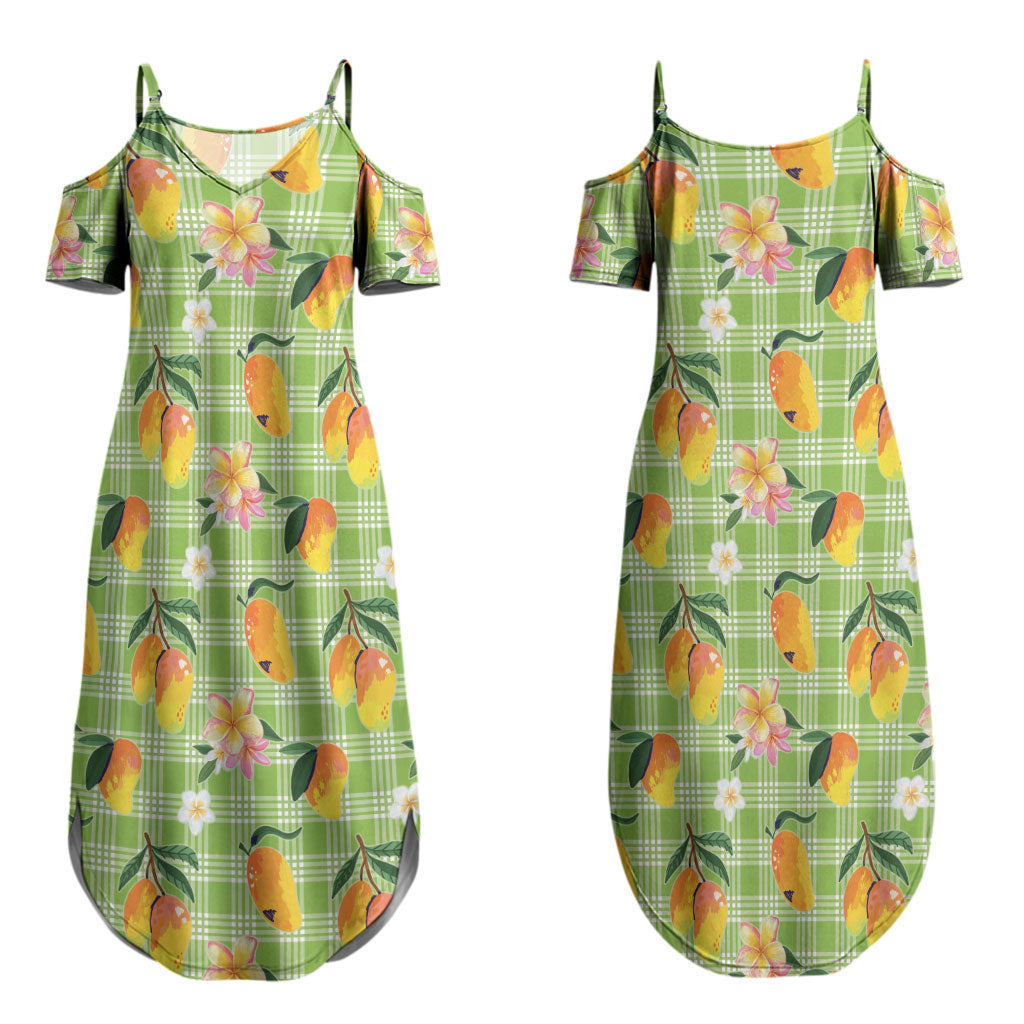 Aloha Hawaii Palaka Print Mango Plumeria Couples Matching Summer Maxi Dress and Long Sleeve Button Shirt Cool Mint