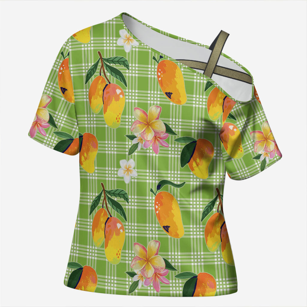Aloha Hawaii Palaka Print Mango Plumeria Cross Shoulder Shirt Cool Mint