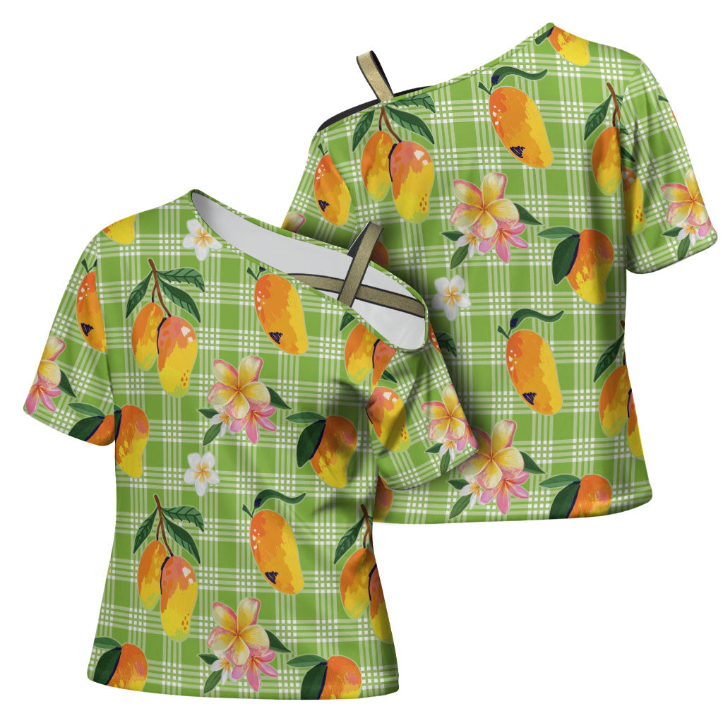 Aloha Hawaii Palaka Print Mango Plumeria Cross Shoulder Shirt Cool Mint