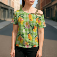 Aloha Hawaii Palaka Print Mango Plumeria Cross Shoulder Shirt Cool Mint