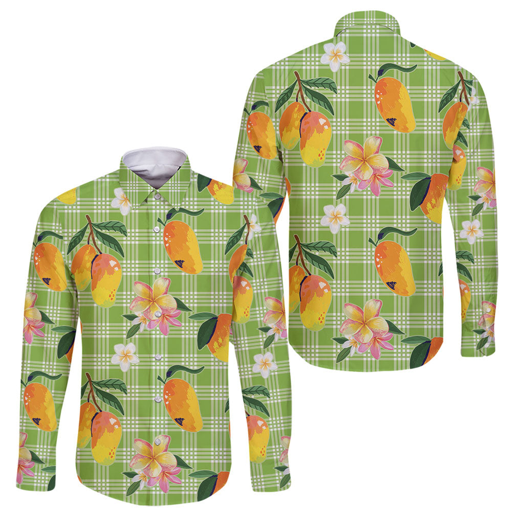 Aloha Hawaii Palaka Print Mango Plumeria Family Matching Long Sleeve Bodycon Dress and Hawaiian Shirt Cool Mint