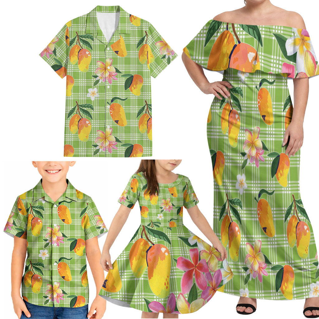 Aloha Hawaii Palaka Print Mango Plumeria Family Matching Off Shoulder Maxi Dress and Hawaiian Shirt Cool Mint