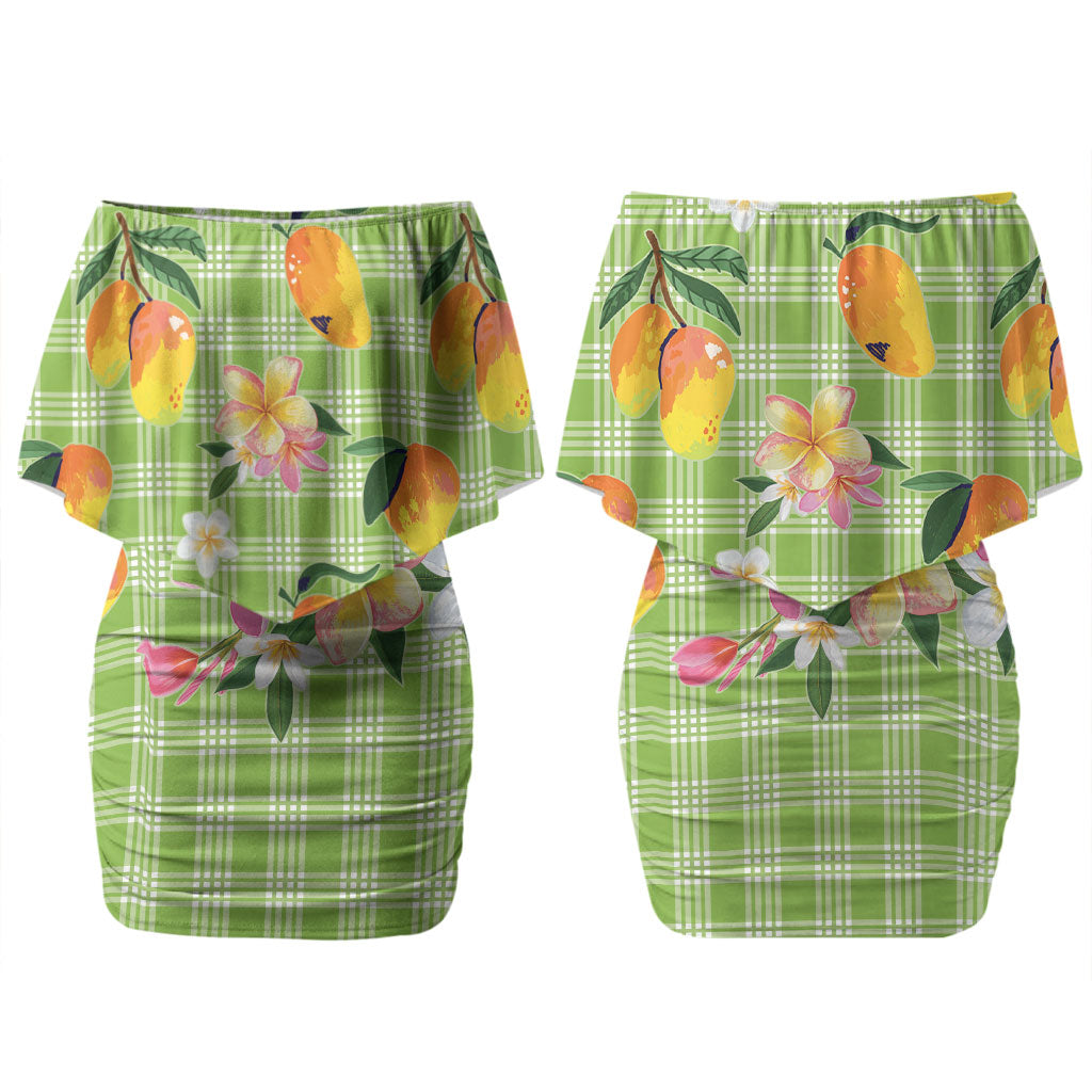 Aloha Hawaii Palaka Print Mango Plumeria Family Matching Off Shoulder Short Dress and Hawaiian Shirt Cool Mint