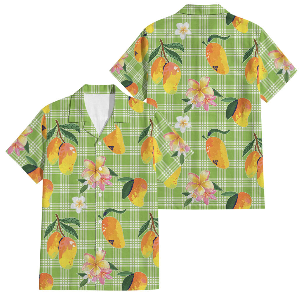 Aloha Hawaii Palaka Print Mango Plumeria Family Matching Off Shoulder Short Dress and Hawaiian Shirt Cool Mint