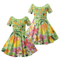 Aloha Hawaii Palaka Print Mango Plumeria Family Matching Off Shoulder Short Dress and Hawaiian Shirt Cool Mint