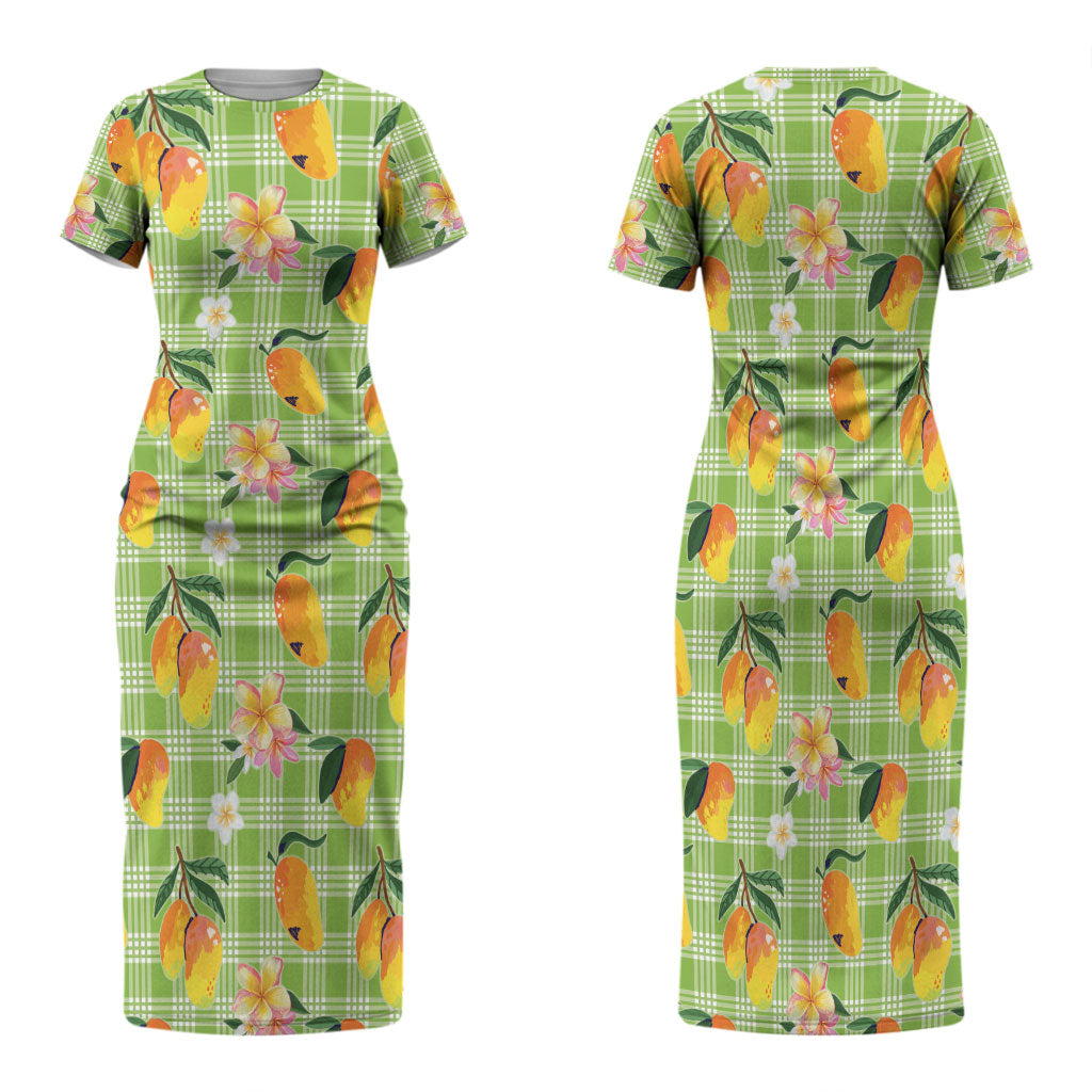 Aloha Hawaii Palaka Print Mango Plumeria Family Matching Short Sleeve Bodycon Dress and Hawaiian Shirt Cool Mint