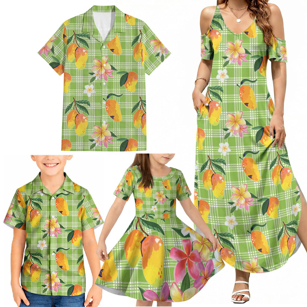 Aloha Hawaii Palaka Print Mango Plumeria Family Matching Summer Maxi Dress and Hawaiian Shirt Cool Mint