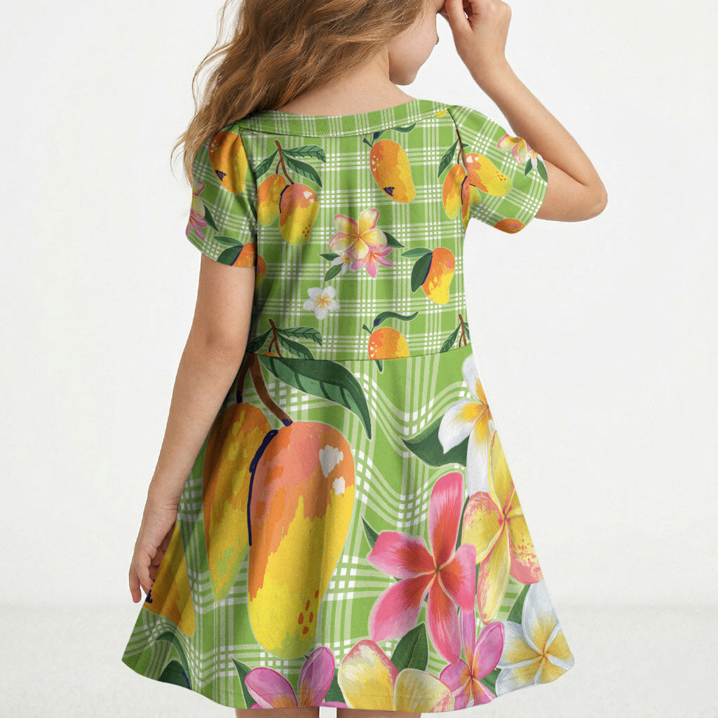 Aloha Hawaii Palaka Print Mango Plumeria Kid Short Sleeve Dress Cool Mint