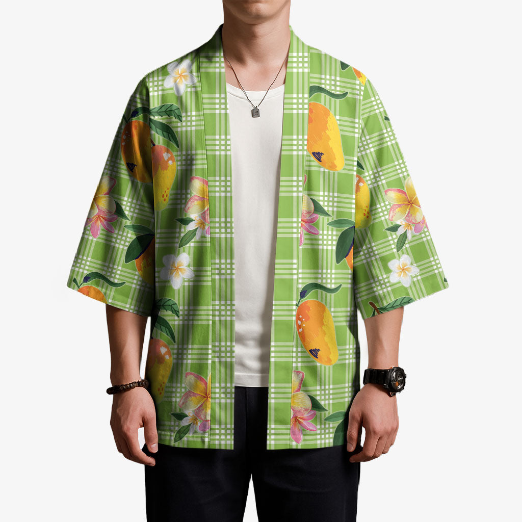 Aloha Hawaii Palaka Print Mango Plumeria Kimono Cool Mint