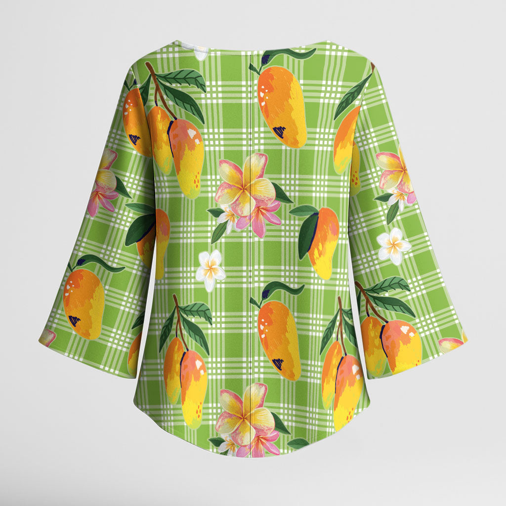 Aloha Hawaii Palaka Print Mango Plumeria Kimono Sleeve Blouse Cool Mint