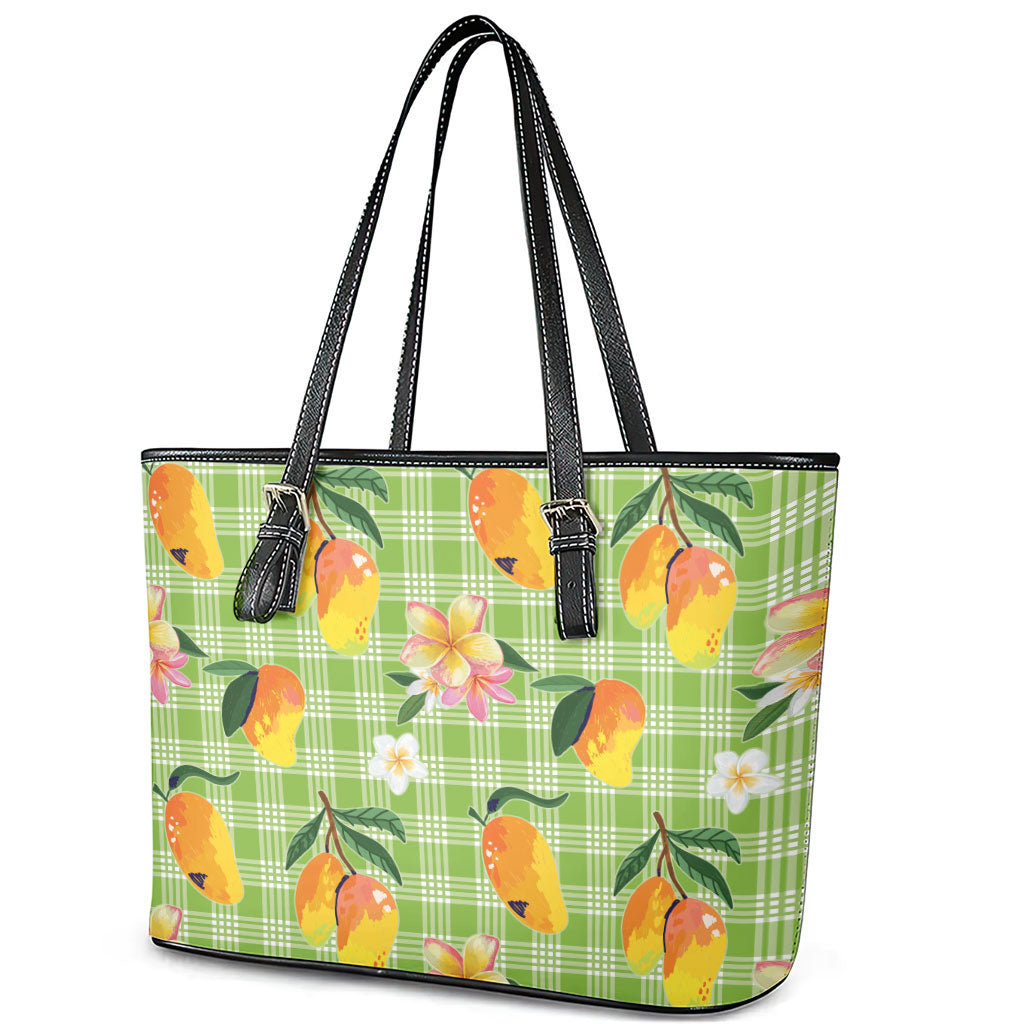 Aloha Hawaii Palaka Print Mango Plumeria Leather Tote Bag Cool Mint