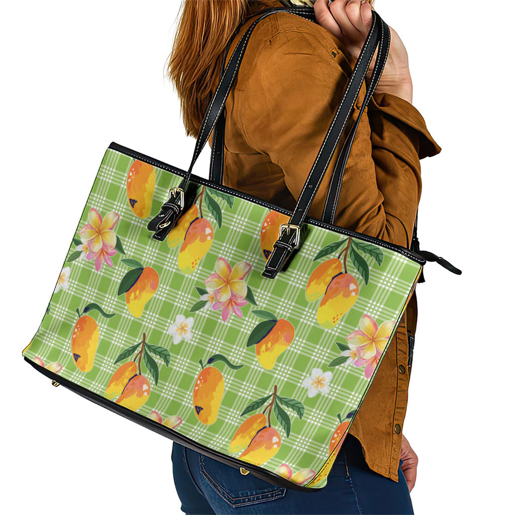Aloha Hawaii Palaka Print Mango Plumeria Leather Tote Bag Cool Mint