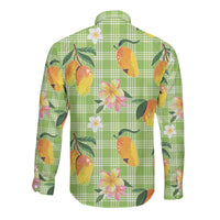 Aloha Hawaii Palaka Print Mango Plumeria Long Sleeve Button Shirt Cool Mint