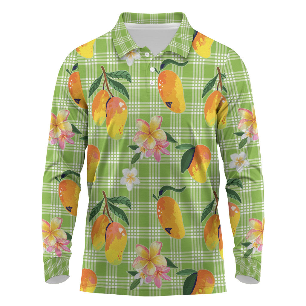 Aloha Hawaii Palaka Print Mango Plumeria Long Sleeve Polo Shirt Cool Mint