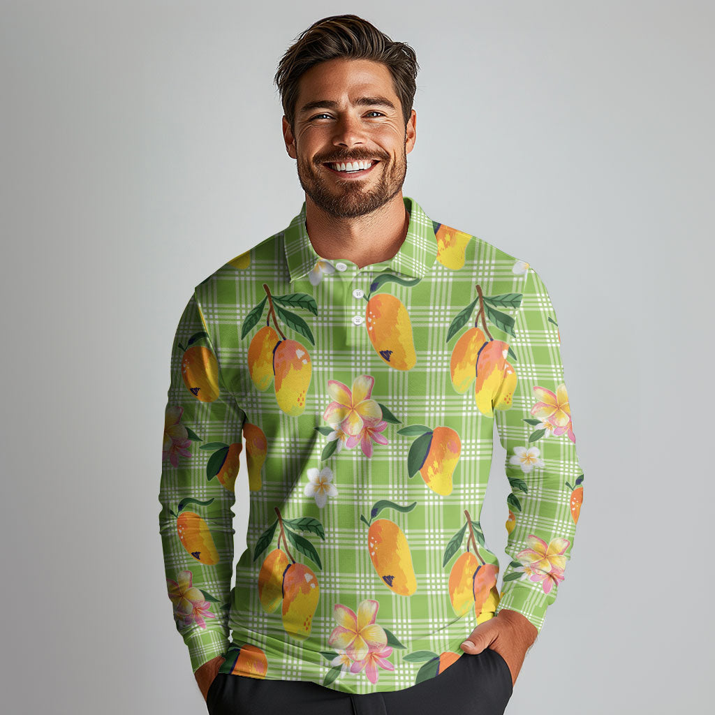 Aloha Hawaii Palaka Print Mango Plumeria Long Sleeve Polo Shirt Cool Mint