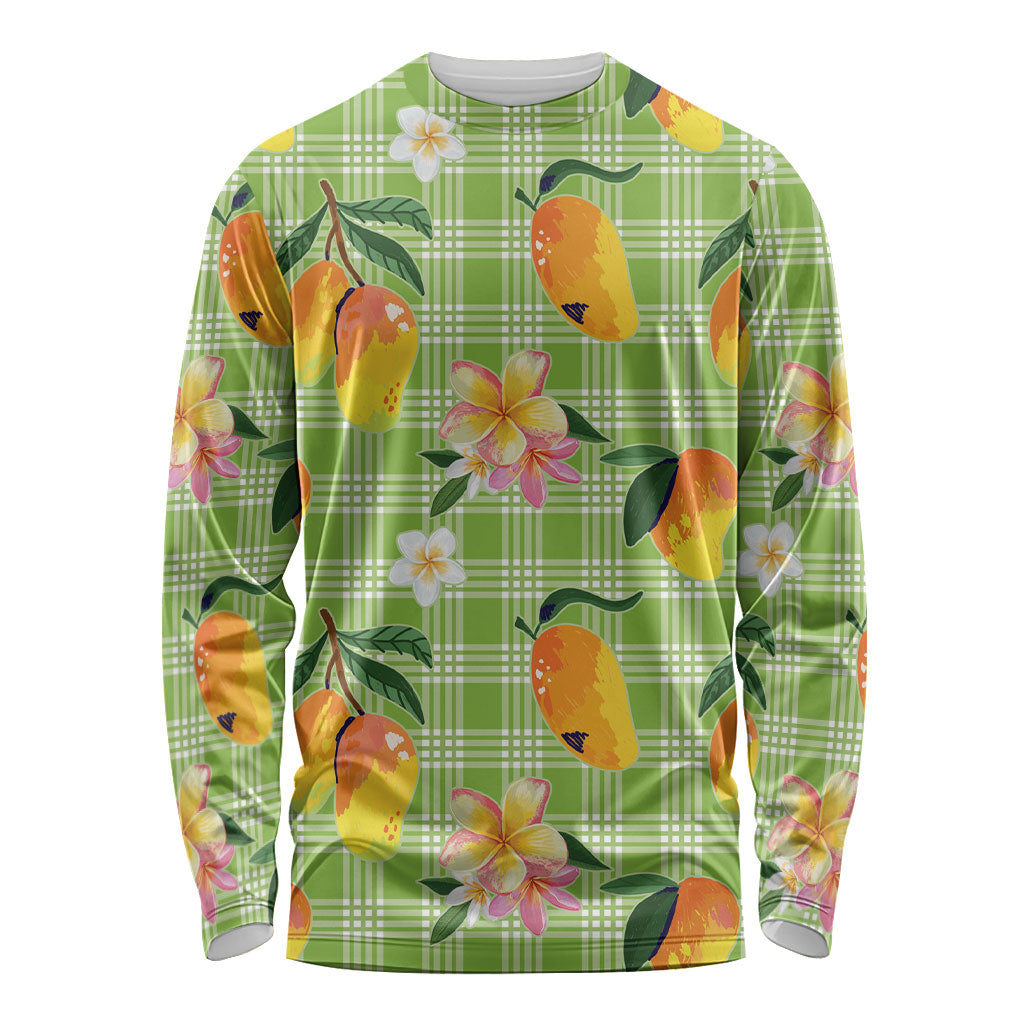 Aloha Hawaii Palaka Print Mango Plumeria Long Sleeve Shirt Cool Mint