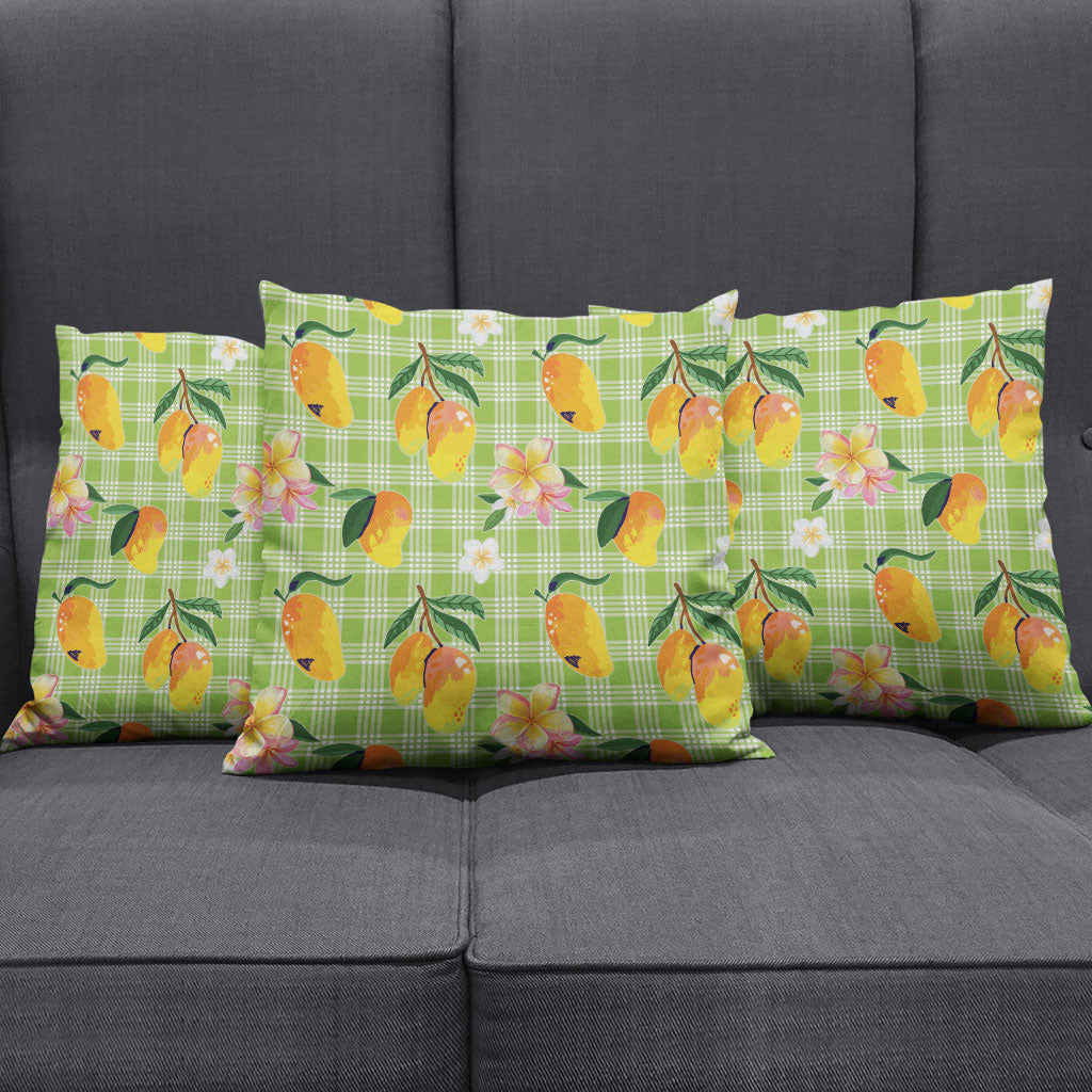 Aloha Hawaii Palaka Print Mango Plumeria Pillow Cover Cool Mint