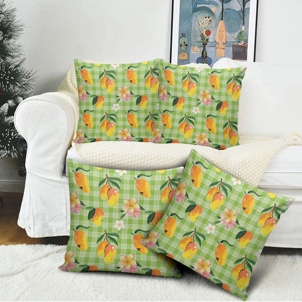 Aloha Hawaii Palaka Print Mango Plumeria Pillow Cover Cool Mint