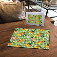 Aloha Hawaii Palaka Print Mango Plumeria Puzzle Cool Mint