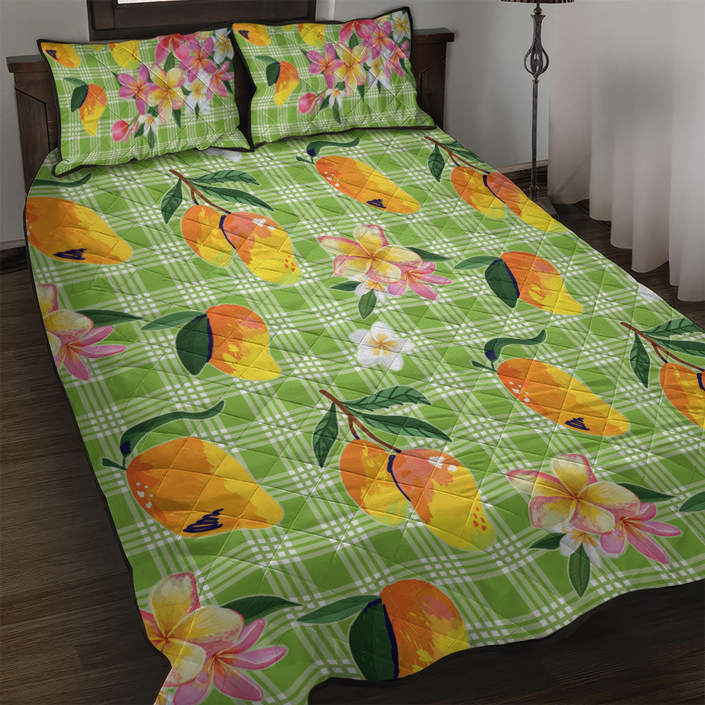 Aloha Hawaii Palaka Print Mango Plumeria Quilt Bed Set Cool Mint