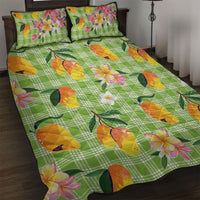 Aloha Hawaii Palaka Print Mango Plumeria Quilt Bed Set Cool Mint