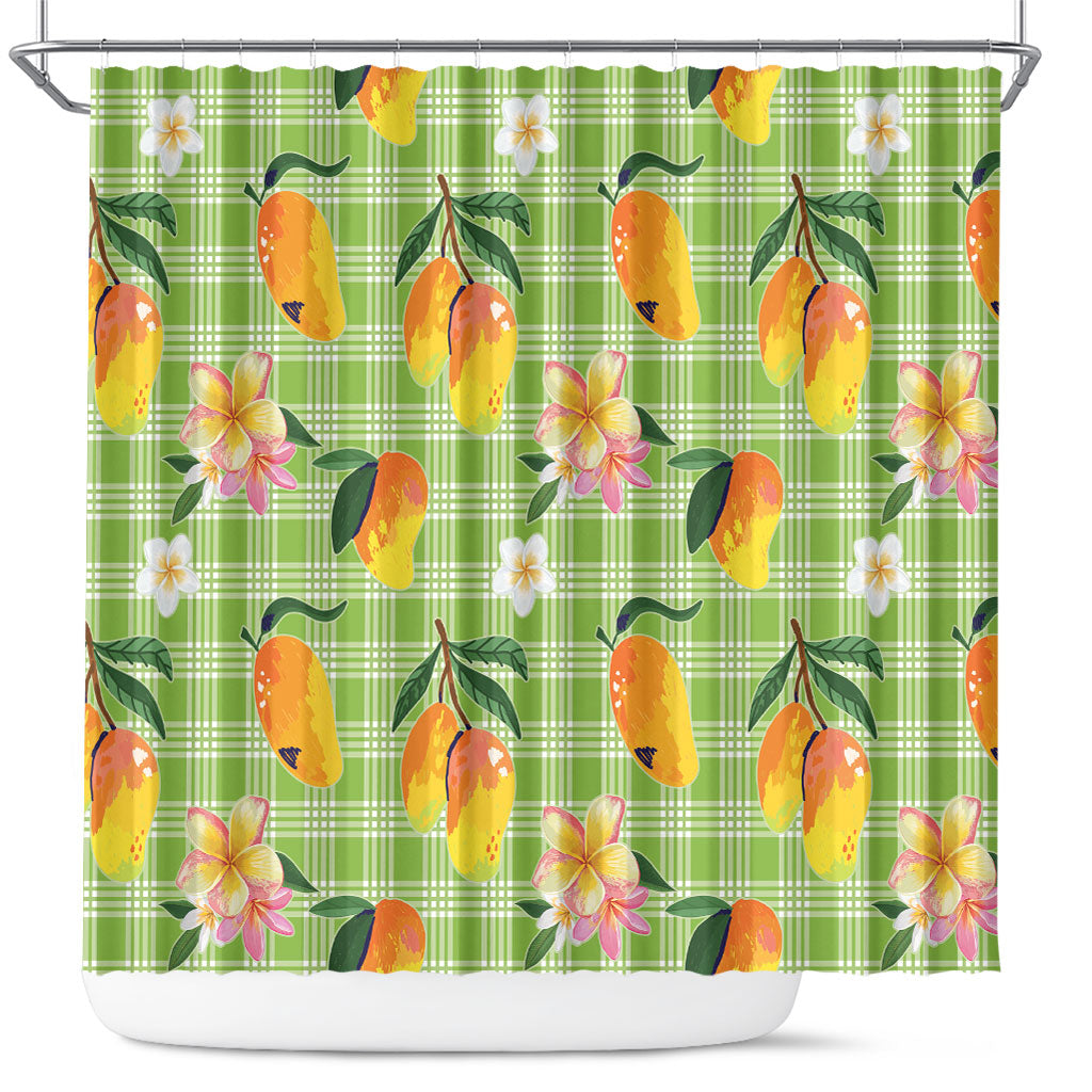 Aloha Hawaii Palaka Print Mango Plumeria Shower Curtain Cool Mint