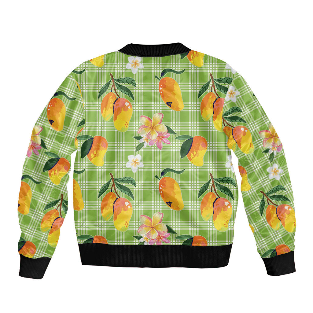 Aloha Hawaii Palaka Print Mango Plumeria Sleeve Zip Bomber Jacket Cool Mint