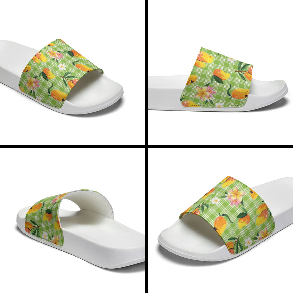 Aloha Hawaii Palaka Print Mango Plumeria Slide Sandals Cool Mint