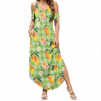 Aloha Hawaii Palaka Print Mango Plumeria Summer Maxi Dress Cool Mint