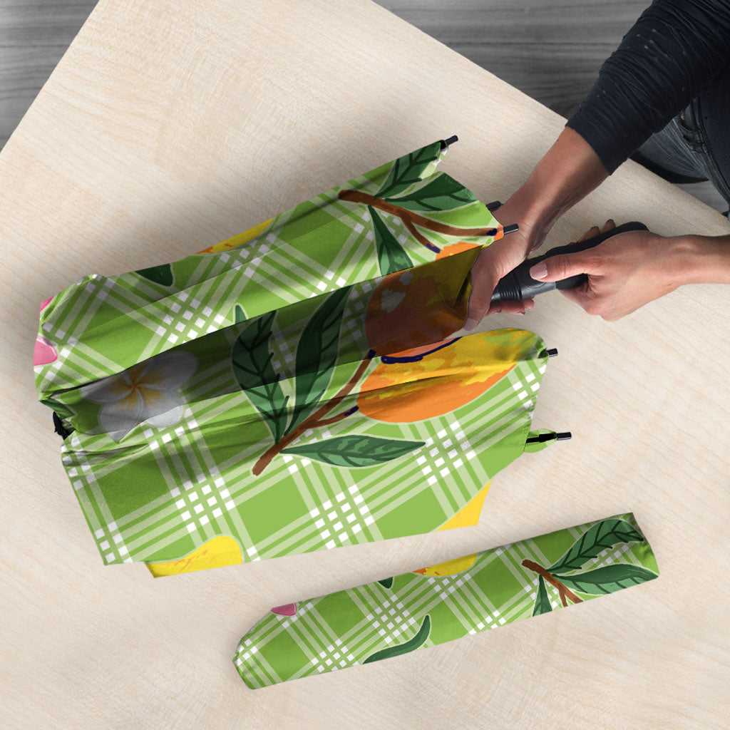 Aloha Hawaii Palaka Print Mango Plumeria Umbrella Cool Mint