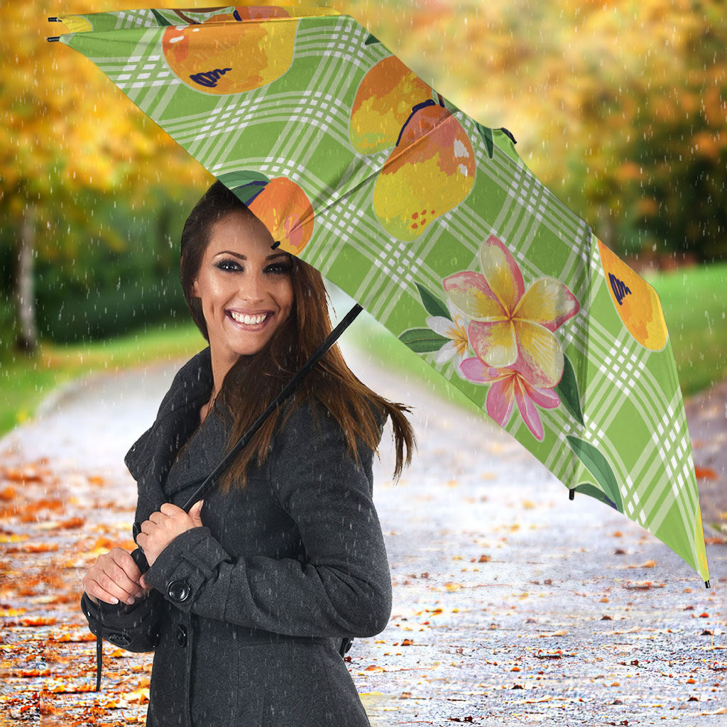 Aloha Hawaii Palaka Print Mango Plumeria Umbrella Cool Mint