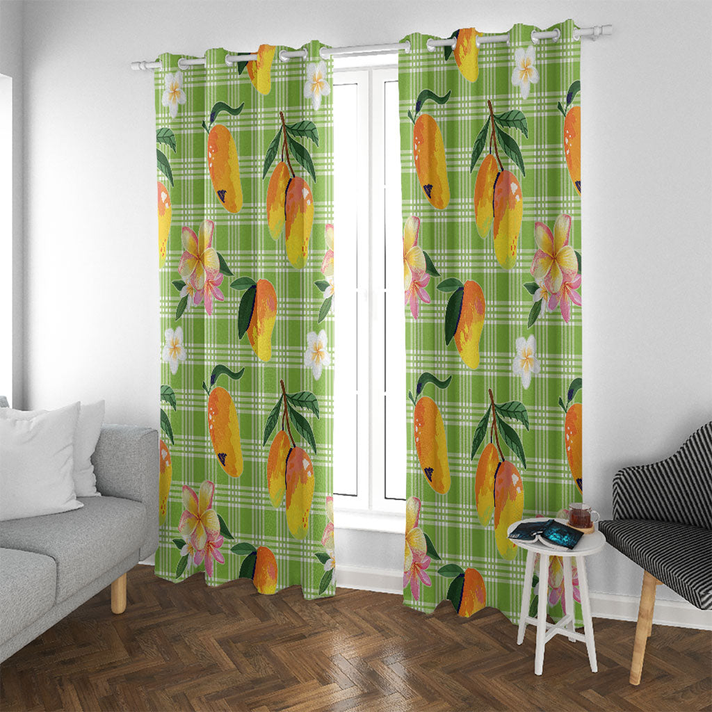 Aloha Hawaii Palaka Print Mango Plumeria Window Curtain Cool Mint