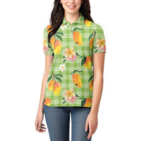 Aloha Hawaii Palaka Print Mango Plumeria Women Polo Shirt Cool Mint