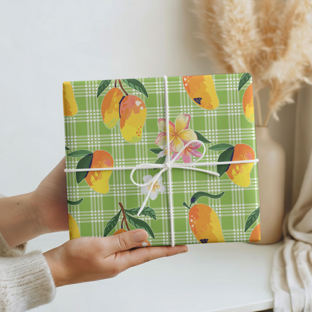 Aloha Hawaii Palaka Print Mango Plumeria Wrapping Paper Cool Mint