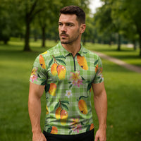 Aloha Hawaii Palaka Print Mango Plumeria Zipper Polo Shirt Cool Mint