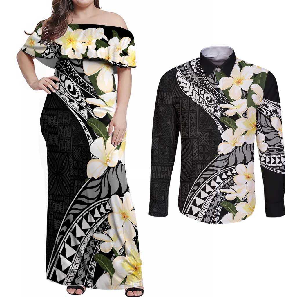 Aloha Hawaii Festive Couples Matching Off Shoulder Maxi Dress and Long Sleeve Button Shirt Frangipani Lace Classic LT7 Black - Polynesian Pride
