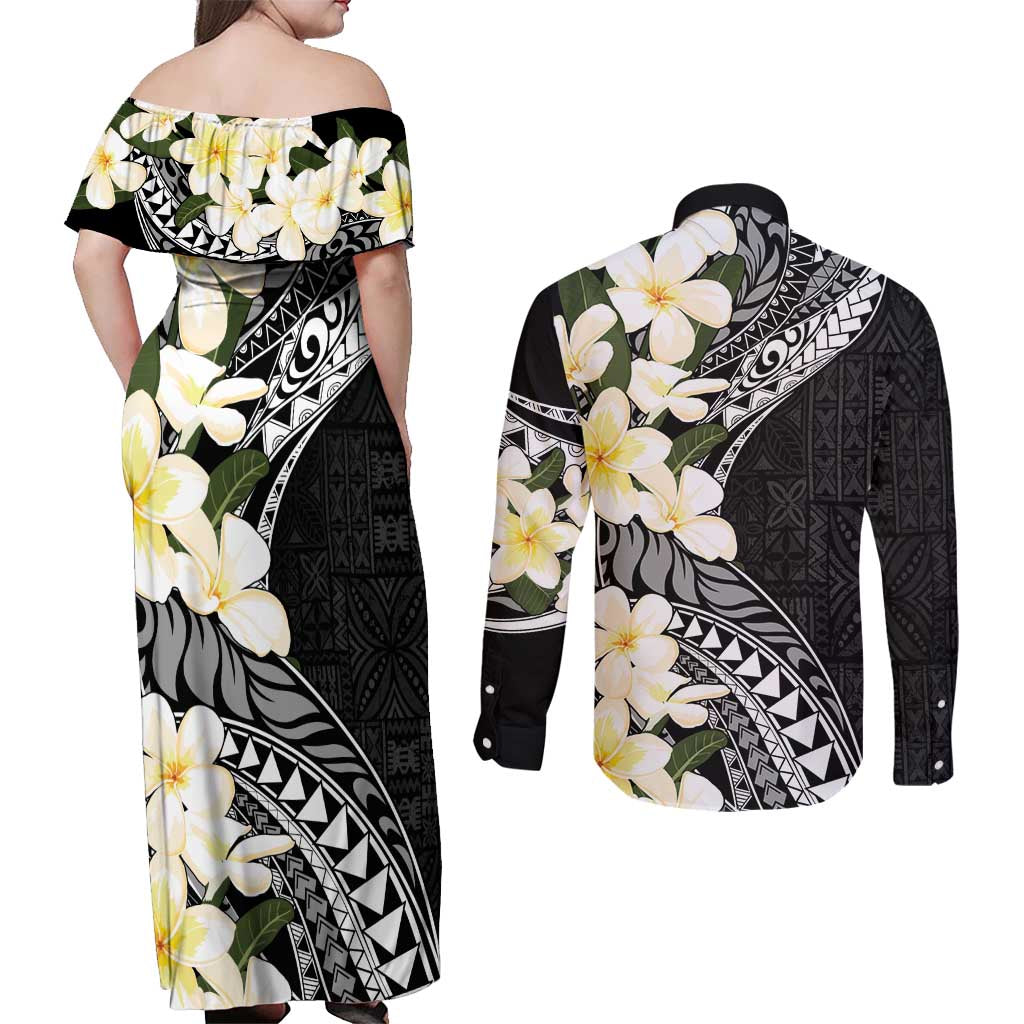Aloha Hawaii Festive Couples Matching Off Shoulder Maxi Dress and Long Sleeve Button Shirt Frangipani Lace Classic