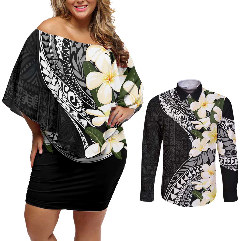 Aloha Hawaii Festive Couples Matching Off Shoulder Short Dress and Long Sleeve Button Shirt Frangipani Lace Classic LT7 Black - Polynesian Pride