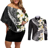 Aloha Hawaii Festive Couples Matching Off Shoulder Short Dress and Long Sleeve Button Shirt Frangipani Lace Classic LT7 Black - Polynesian Pride