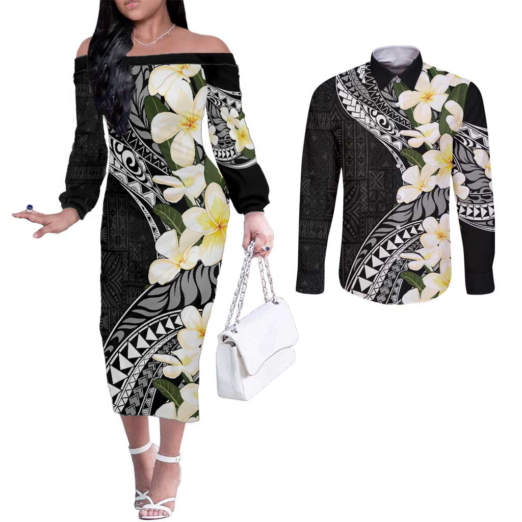Aloha Hawaii Festive Couples Matching Off The Shoulder Long Sleeve Dress and Long Sleeve Button Shirt Frangipani Lace Classic LT7 Black - Polynesian Pride