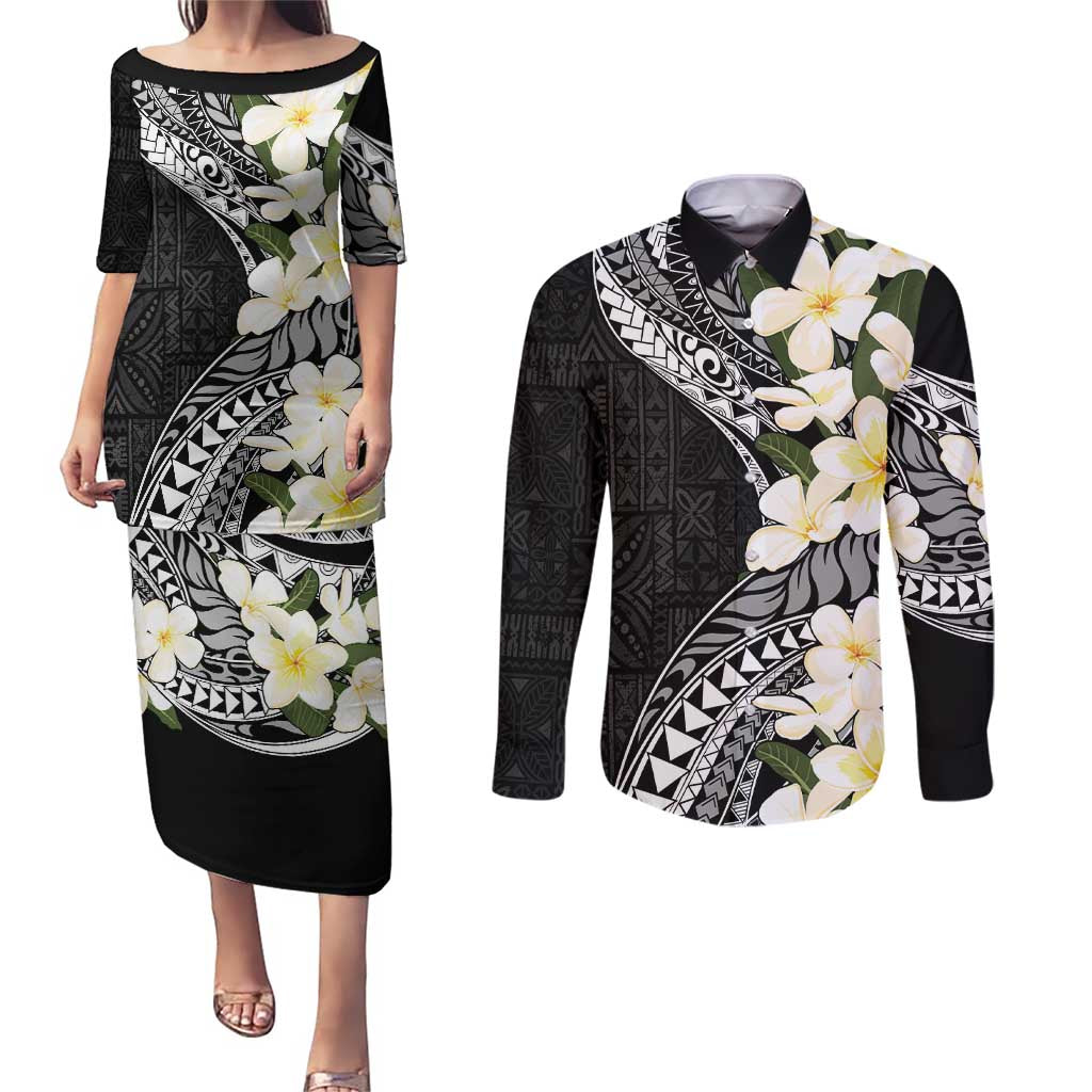 Aloha Hawaii Festive Couples Matching Puletasi and Long Sleeve Button Shirt Frangipani Lace Classic LT7 Black - Polynesian Pride