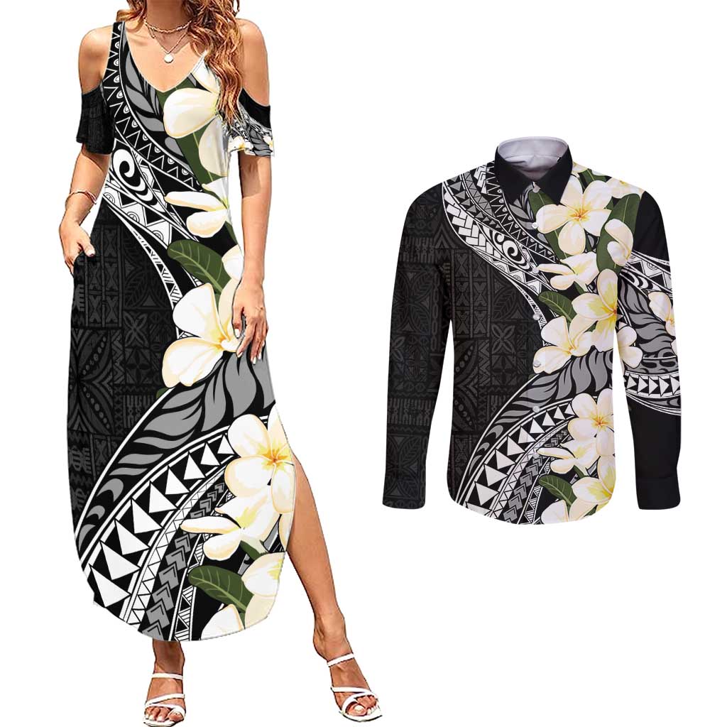 Aloha Hawaii Festive Couples Matching Summer Maxi Dress and Long Sleeve Button Shirt Frangipani Lace Classic LT7 Black - Polynesian Pride