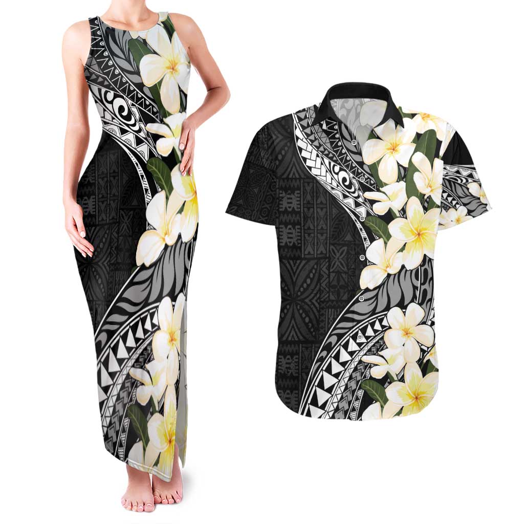 Aloha Hawaii Festive Couples Matching Tank Maxi Dress and Hawaiian Shirt Frangipani Lace Classic LT7 Black - Polynesian Pride